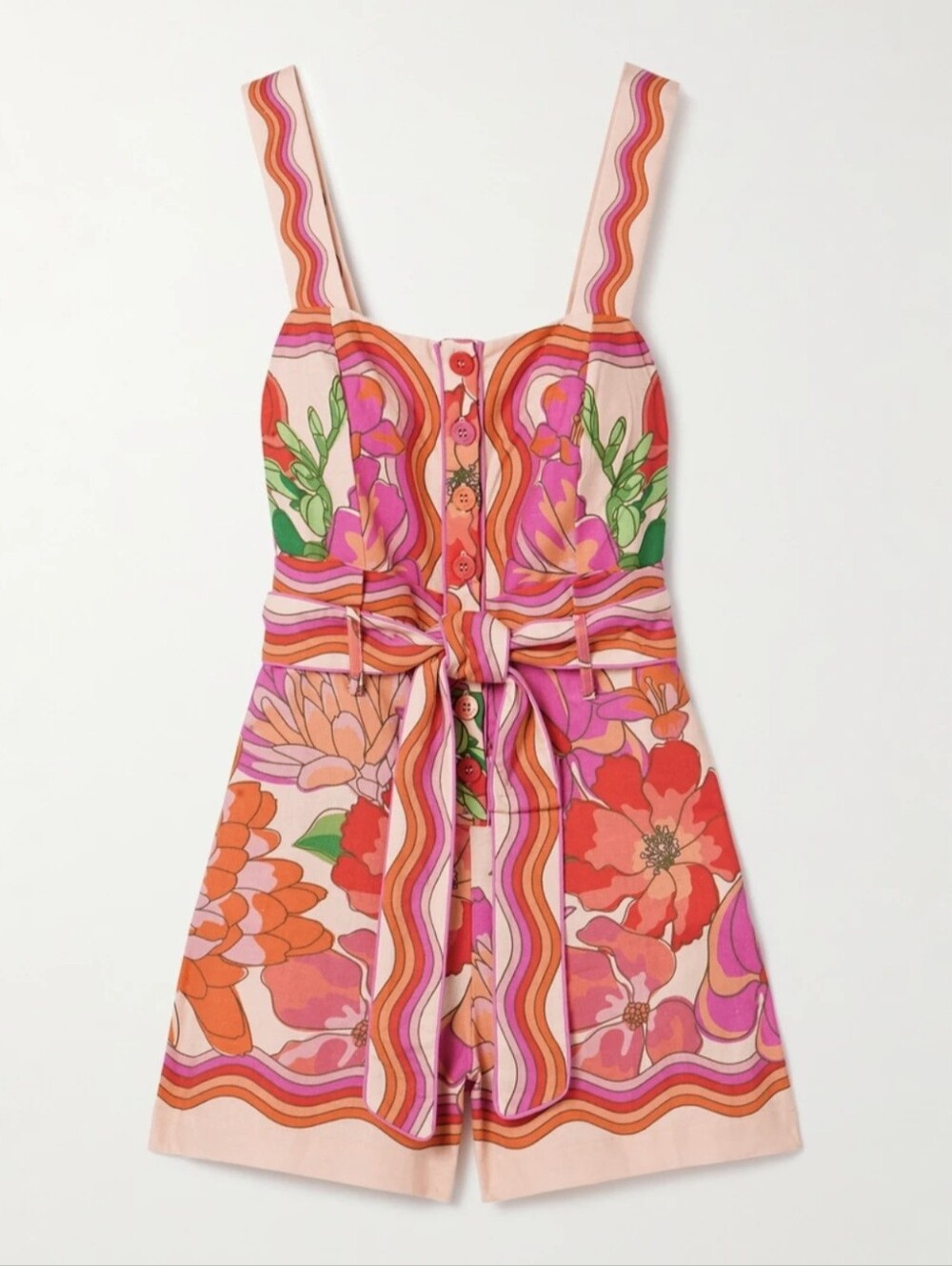 FARM Rio Spring Affair Linen Blend Square Neck Floral Belted Romper